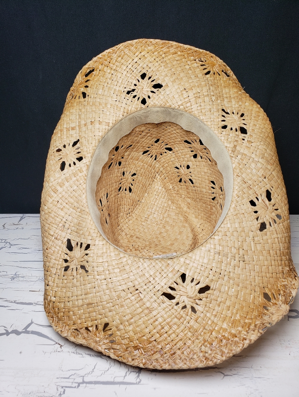 Distressed Style Straw Cowboy Hat with Faux Turquoise Beaded Hatband - OS Unisex - Picture 9 of 14